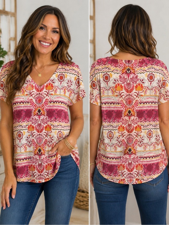 Style & Co Tops - Womens V-Neck Short Sleeve Printed Top in Pink and Orange